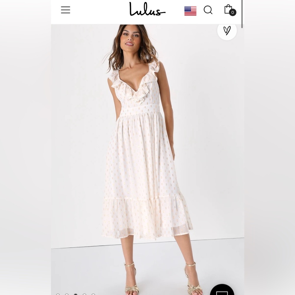 Lulus White and Gold Ruffled Tiered Midi Dress Sz S
